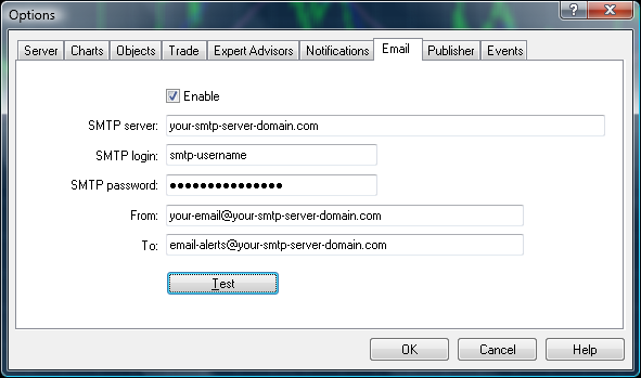Email settings tab in the Metatrader 4 Options window