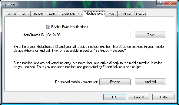 Push Notifications tab in the Metatrader 4 Options window