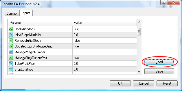 Load MT4 EA settings button