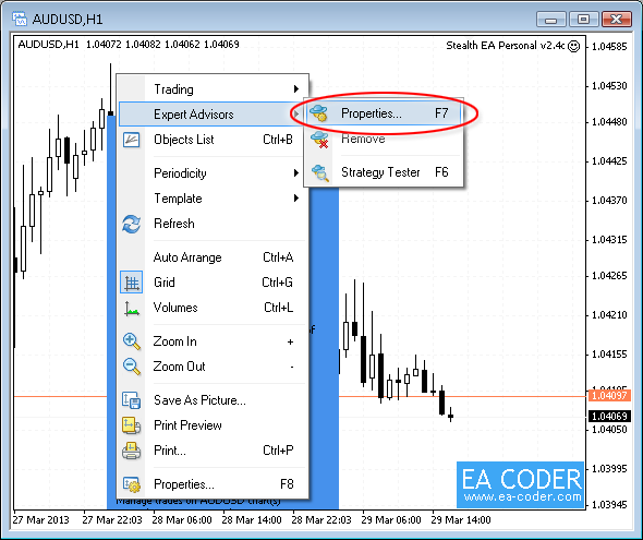MT4 expert advisors properties popup menu