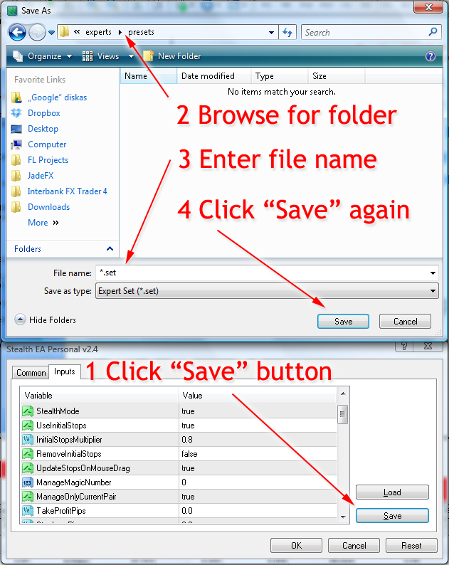 Save MT4 EA settings dialog