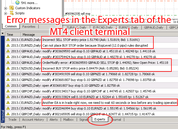 Error messages in the Experts tab of the MT4 client terminal
