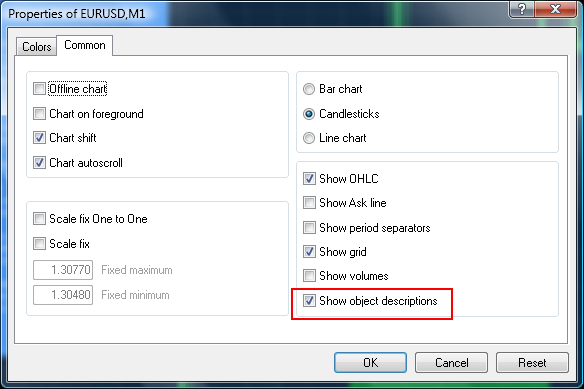 mt4 chart properties window show object descriptions