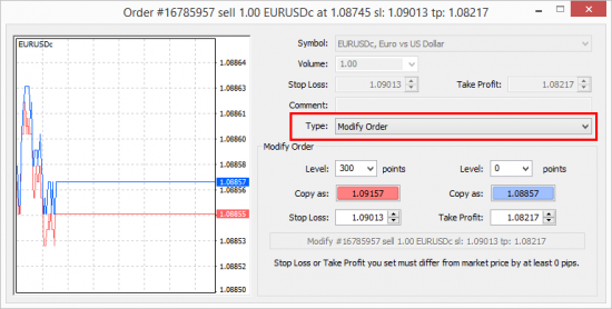 Order Modify window in MetaTtrader 4 client terminal.