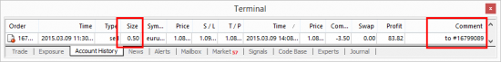 Partially closed order in the Account History tab on MT4 client terminal.