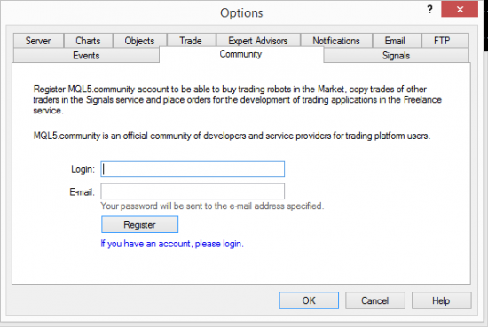 Login to MT4 app market from the Community tab of the Options window in the MT4 client terminal