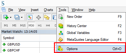 MT4 client terminal top menu: Tools -> Options