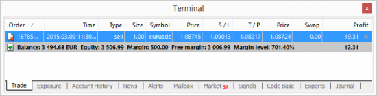 List of open positions in the Trade tab of MT4 terminal