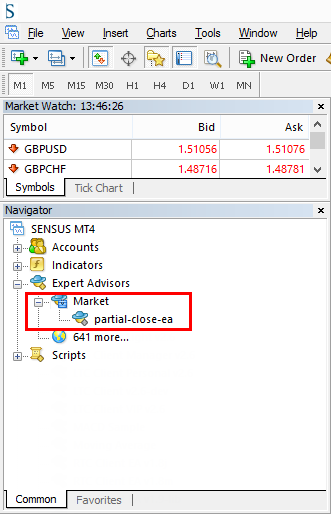 Partial Close EA in the Navigator window on MT4 platform