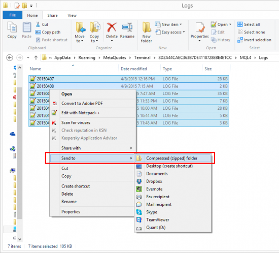 Packing MT4 Log files into a zip archive for easy delivery.