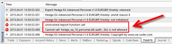 If you have DLL calls disabled then some MT4 Expert Advisors will not be able to run and give this error in the Experts tab.