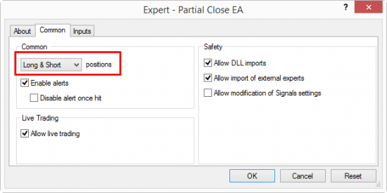 MT4 EA configured to take Long and Short positions, but this option allows you to set the EA trade only in one particular direction if needed.