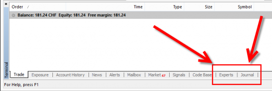 Experts and Journal tabs at the bottom of the MT4 client terminal. This is where MetaTrader logs all of the messages to inform user what's going on.