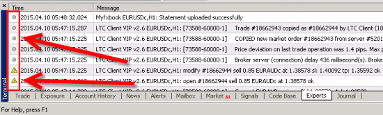 Two different types of messages in the MT4 Experts tab.