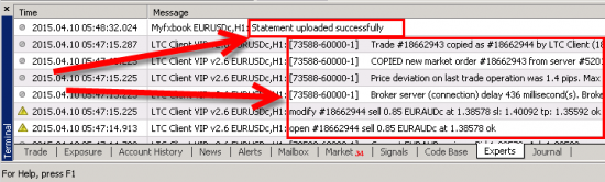 Messages from two different Expert Advisors in the Experts tab of the MT4 client terminal.