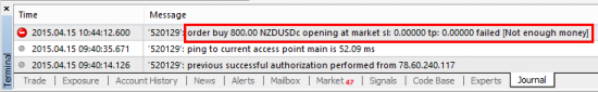 MT4 Journal tab logs error messages received from the broker server