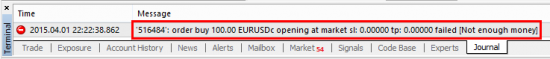 Broker server rejects the trade as there is not enough money in the account and this error is logged in the Journal tab of MT4 terminal.