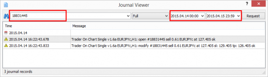 MT4 allows you to search for log messages by date and phrase.