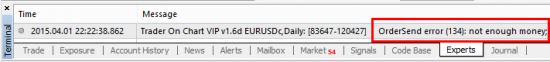 Broker server rejects the trade as there is not enough money in the account and TOC trading app receives a response from the broker server with the error code 134 which means: Not enough money.