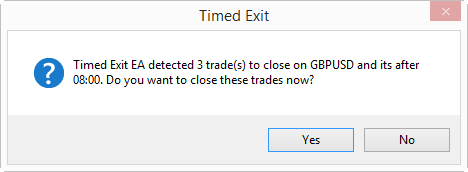 On startup, Timed Exit EA asks a user whether it should close open positions or not, because the exit time has passed already.