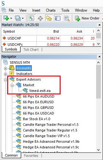Timed Exit EA in MT4 Navigator window