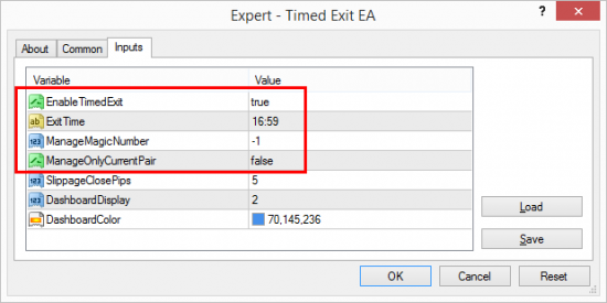 Timed Exit EA scheduled to close all open trades of any pair at 16:59