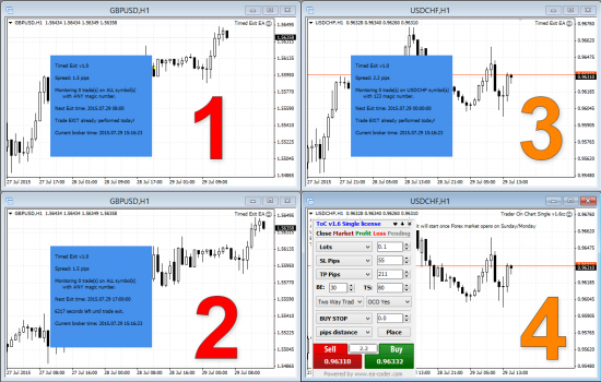 3x instances of Timed Exit EA on the same MT4 platform with Trader on Chart