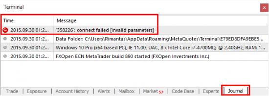 MT4 Journal tab with connection error message