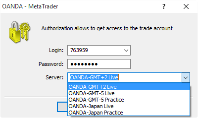MT4 login window with multiple broker server choices