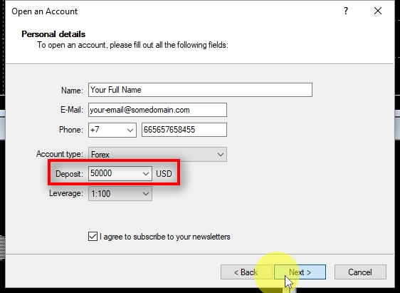 Now you need to enter your personal details. I cannot tell that you can enter any false information here in this step, I would mention that MT4 does not verify it. And because it is a demo trading account the information does not matter :-) It appears that the only requirement here is to enter something in all the fields. Personally, I only care about the Deposit field here because that's how big my new demo trading account will be. To open an account click on Next.