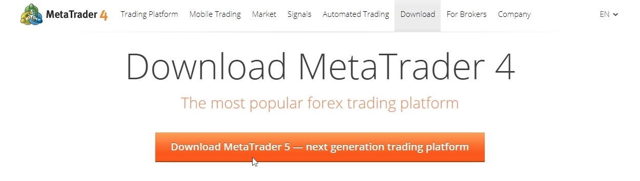 The download button at the top of the webpage downloads MT5 and the button actually says Download MetaTrader 5 even though we are on a MetaTrader 4 download page :-) If we click that it will download mt5setup.exe which looks normal.