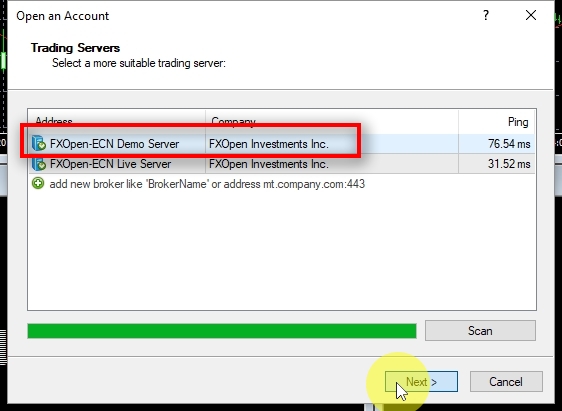 In the Open an Account window we see FxOpen trading servers. Select a demo server from the list (which usually is named FxOpen-ECN Demo Server) and click on Next.