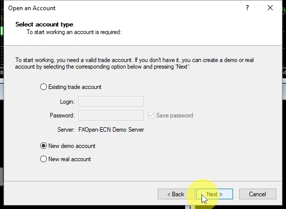 In this step make sure New demo account is selected and click on Next.