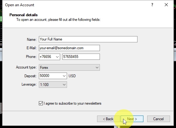 Fill in the form, choose a deposit size, check the I agree box and click on Next to continue.