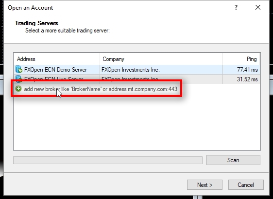 When your MetaTrader 4 loads for the first time it will automatically show Open an Account window. Inside you'll see broker trading server list. This is where we start creating a demo trading account without a Forex broker. If this sounds confusing just wait for it :-) Normally, if you would want to open a practice trading account with FxOpen then you would choose their trading server in this list. I'll show how to do that later in this tutorial for educational purposes. But right now we need a demo trading account that's not linked with  Forex or any other Forex broker. Here's what you need to do. Click on add new broker and type in MetaQuotes-Demo exactly as it appears here. This is important. It is case sensitive so you should type upper and lower case letters exactly as they appear in this tutorial.