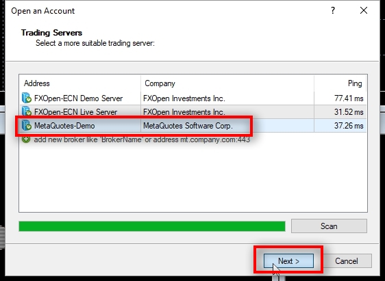 When the MetaQuotes-Demo trading server is found you'll see it added on the list, a company name appears next to it with a ping time as well. The lower the ping time the better connection you have, but let's leave this topic for another tutorial :-) Now select the MetaQuotes-Demo from the list and click on Next.