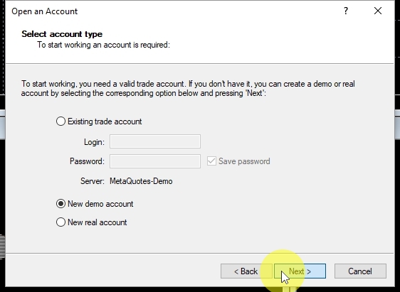 In the Select account type step make sure the New demo account is selected and click on Next to continue.