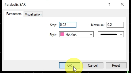 PSAR Indicator Settings I choose preferred settings for Parabolic SAR indicator and click OK. Useful read: How to Use Parabolic SAR 
