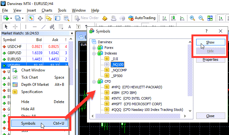 Symbols / Instruments list on Metatrader 4 Trading Platform