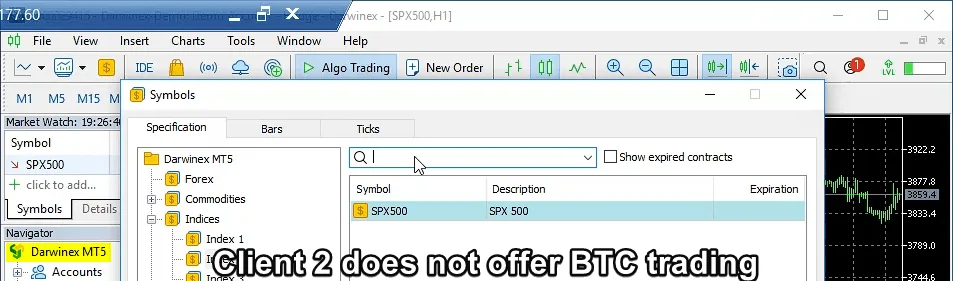 Client 2 broker does not offer BTC, so the Client EA skips that trade