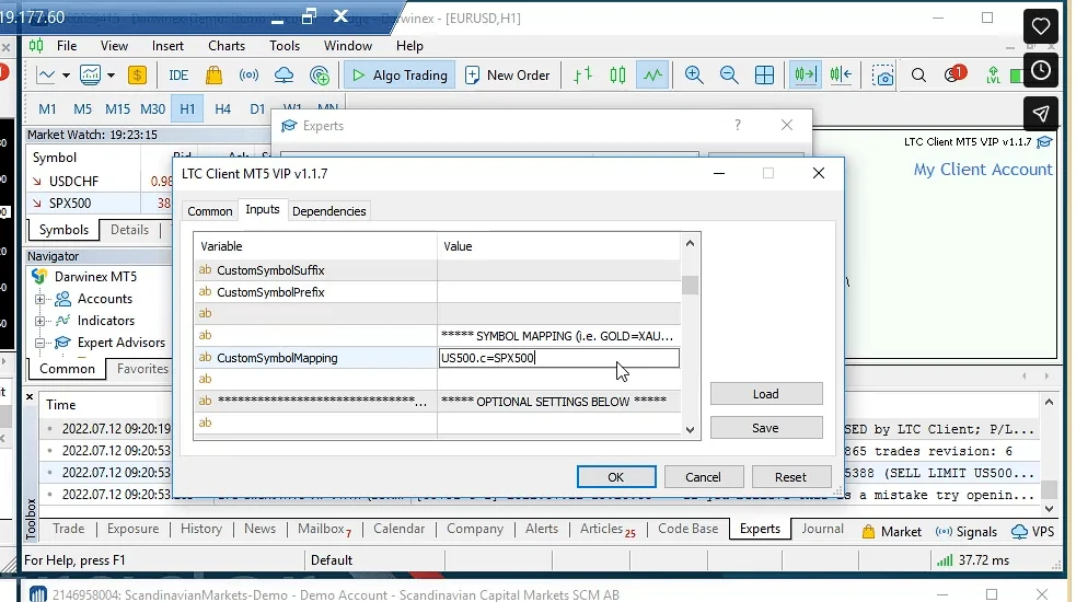 CustomSymbolMapping input set to US500.c=SPX500 in the MT5 Client EA