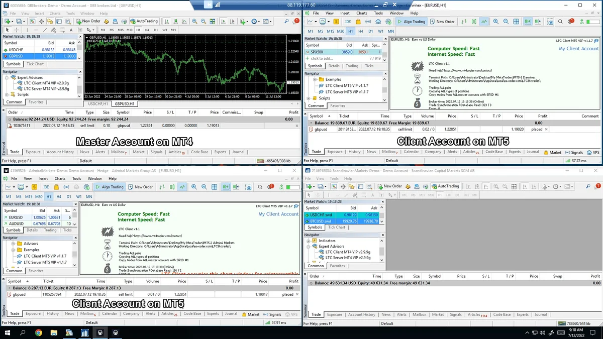 Master account on MT4 running the Server EA and client accounts on MT5 running the Client EA on one computer