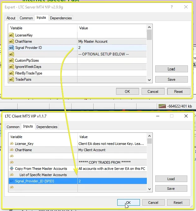 Signal_Provider_ID input set to 2 in the Server EA and the Client EA