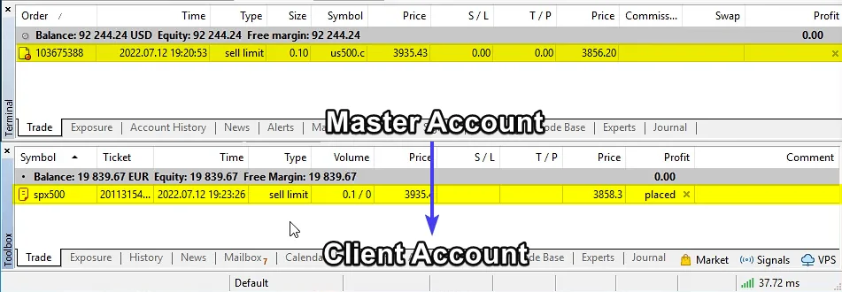 S&P 500 sell limit order copied from the master account to the client account after symbol mapping