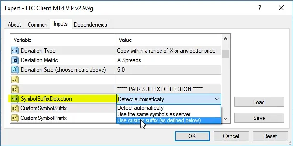 SymbolSuffixDetection dropdown in an older version (2.9.9) of the MT4 Client EA inputs